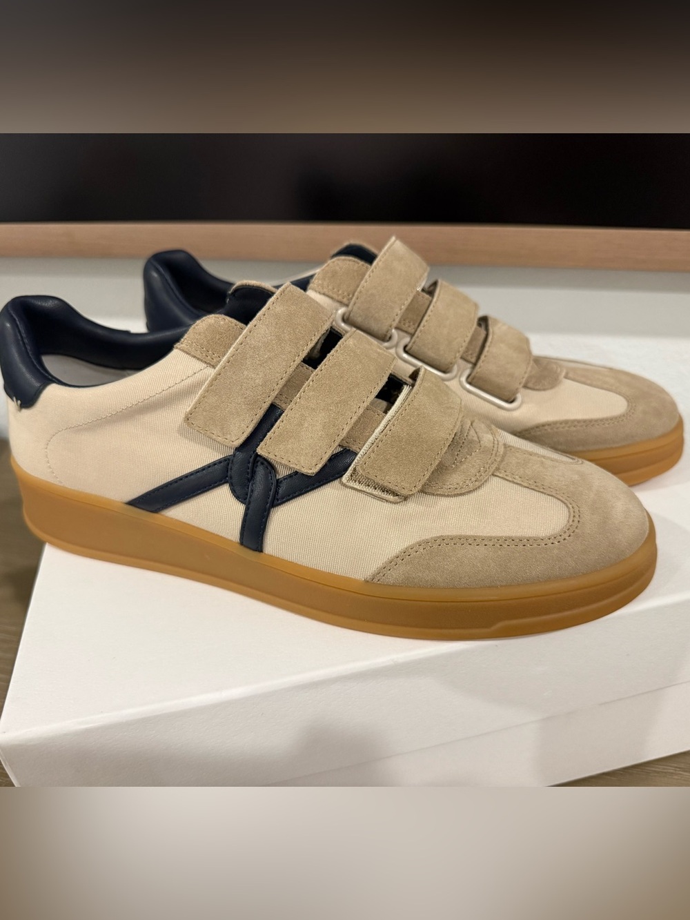 Veronica Beard Beige Suede & Canvas Sneakers with Navy Accent
